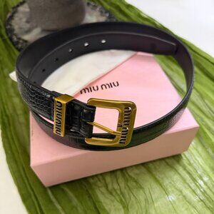Luxury Croc Embossed Black Leather Belt Gold Hardware Designer Style